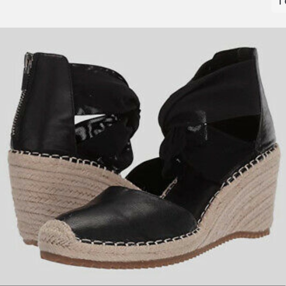 Eileen Fisher Black Leather Espadrille Wedges with Natural Rope Heel